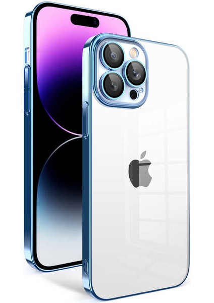 Apple iPhone 14 Pro Max Kılıf Kamera Korumalı Renkli Çerçeveli Tcmk Garaj Kapak-Mavi Açık