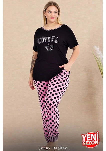 Lady Büyük Beden Puantiyeli Paça Detaylı Pijama Kısa Kollu Pijama Takımı