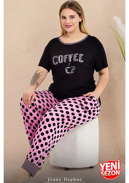 Lady Büyük Beden Puantiyeli Paça Detaylı Pijama Kısa Kollu Pijama Takımı fiyatları