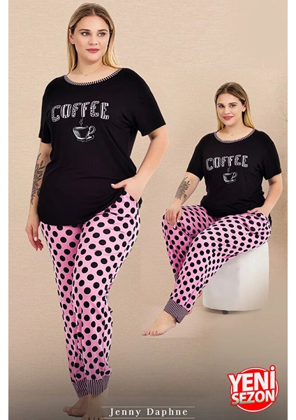 Lady Büyük Beden Puantiyeli Paça Detaylı Pijama Kısa Kollu Pijama Takımı modelleri