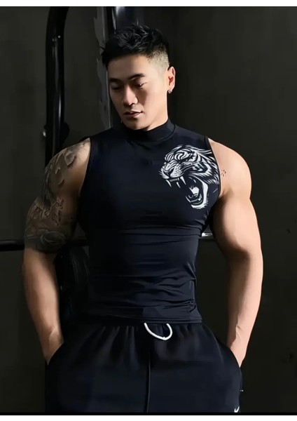 Özel Tasarım Göğüs Kalpan Baskılı %100 Pamuk Kolsuz Likralı Erkek Slim T-Shirt