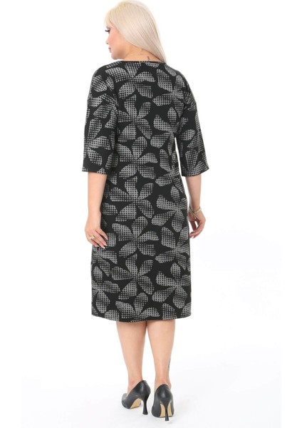 Kadın Siyah Çiçek Desenli Truvakar Kol Büyük Beden Esnek Kışlık Elbise