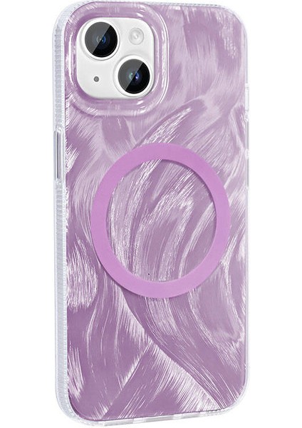 Apple iPhone 15 Kılıf Magsafe Şarj Özellikli Fırça Boya Desenli Tcmk Palet Kapak-Pembe