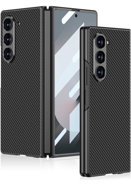 Galaxy Z Fold 6 Kılıf Karbon Fiber Tasarımlı Titanyum Metal Tcmk Kıpta Caz Kapak-Siyah Karbon