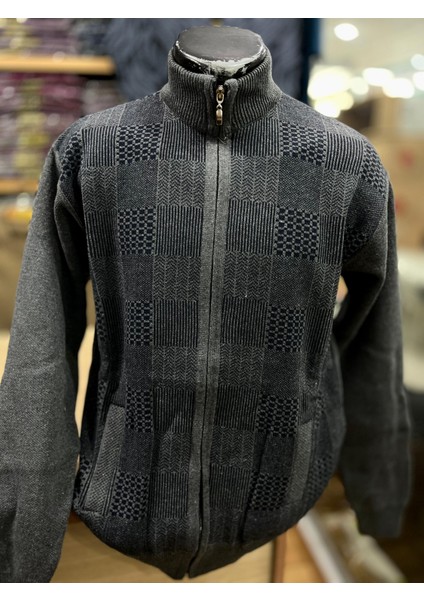 Erkek Triko Fermuarlı Cepli Desenli Hırka