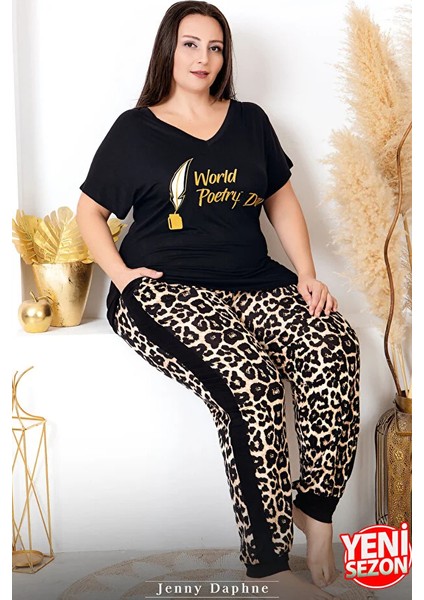 Lady Viskon Kumaş Büyük Beden Leopar Desenli Kısa Kollu Uzun Pijama Takımı
