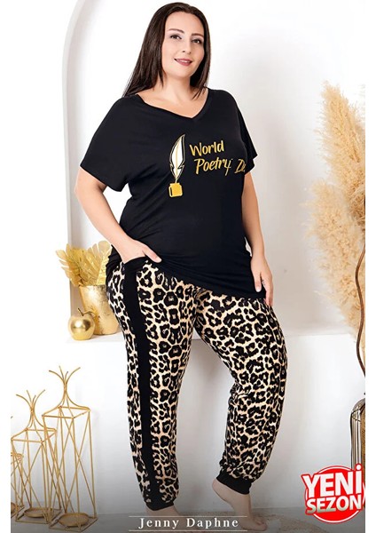 Lady Viskon Kumaş Büyük Beden Leopar Desenli Kısa Kollu Uzun Pijama Takımı fiyatları