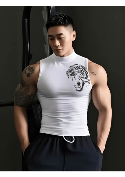 Özel Tasarım Göğüs Kalpan Baskılı %100 Pamuk Kolsuz Likralı Erkek Slim T-Shirt