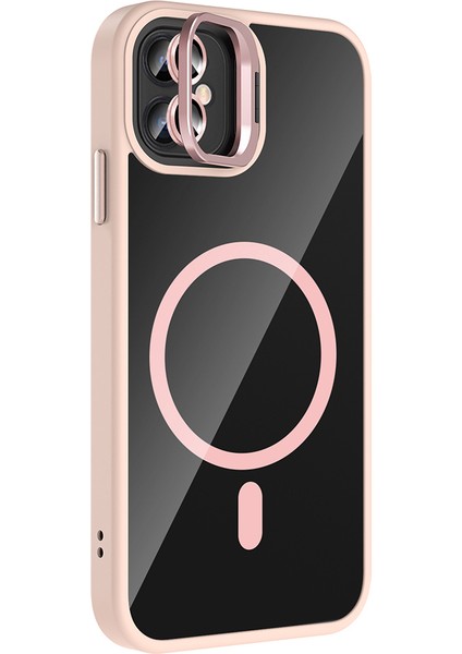 iPhone 11 Kılıf Standlı ve Kamera Lens Hediyeli M-Safe Şarj Özellikli Tcmk Etro Kapak - Pembe indirimleri
