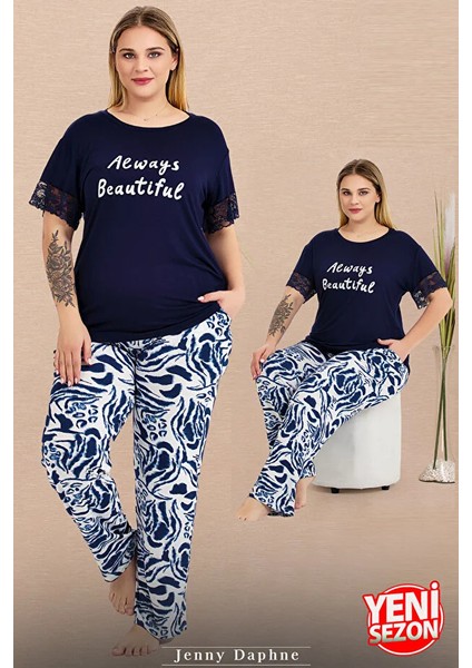 Lady Büyük Beden Çiçek Desenli Cepli Pijama Bisiklet Yaka Dantelli Kısa Kollu Pijama Takımı fiyatları