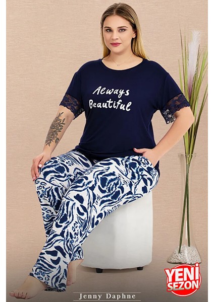 Lady Büyük Beden Çiçek Desenli Cepli Pijama Bisiklet Yaka Dantelli Kısa Kollu Pijama Takımı modelleri