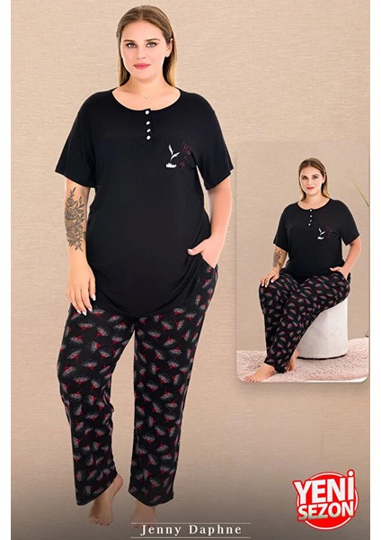 Lady Büyük Beden Çiçek Desenli Pijama Düğmeli Üst Kısa Kollu Pijama Takımı