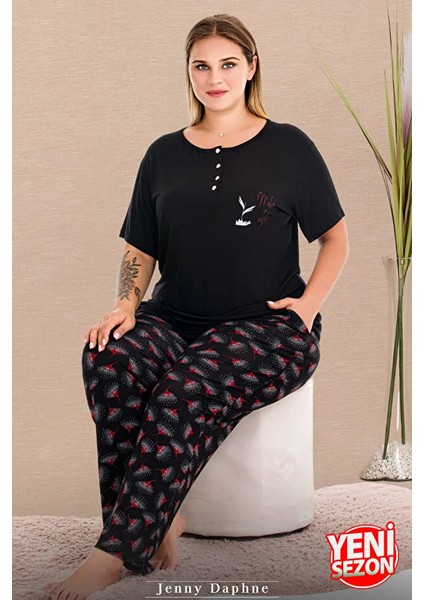 Lady Büyük Beden Çiçek Desenli Pijama Düğmeli Üst Kısa Kollu Pijama Takımı modelleri