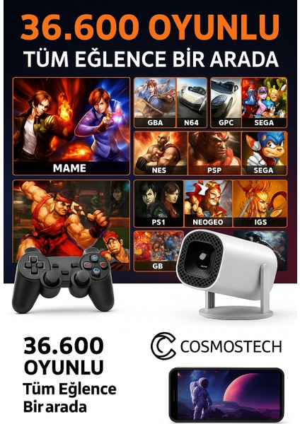 P30 Max Ultra Hd Akıllı Projektör + 36.600 Dahili Oyunlu Konsol Seti (2 Gamepad) – Wifi Destekli, Online Uygulamalı, HDMI Bağlantılı