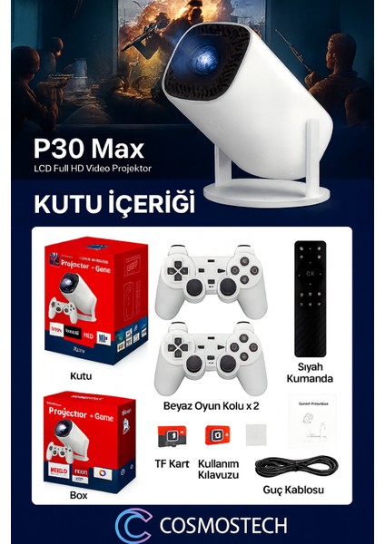 P30 Max Ultra Hd Akıllı Projektör + 36.600 Dahili Oyunlu Konsol Seti (2 Gamepad) – Wifi Destekli, Online Uygulamalı, HDMI Bağlantılı