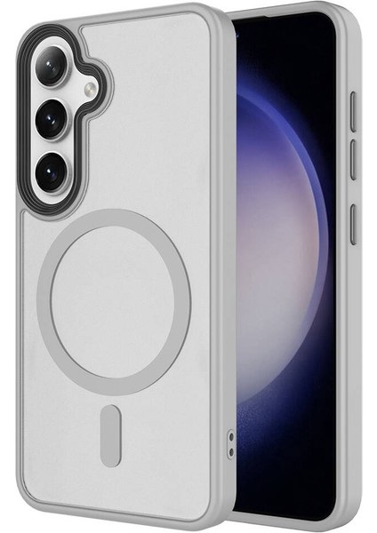 Galaxy S24 Kılıf Sert Pc Arka Yüzey Wireless Şarj Özellikli Tcmk Flet Magsafe Kapak-Gri