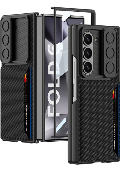 Galaxy Z Fold 6 Kılıf Kamera Korumalı Karbon Fiber Arka Yüzey Tcmk Kartlıklı Kıpta Sert Kapak-Siyah