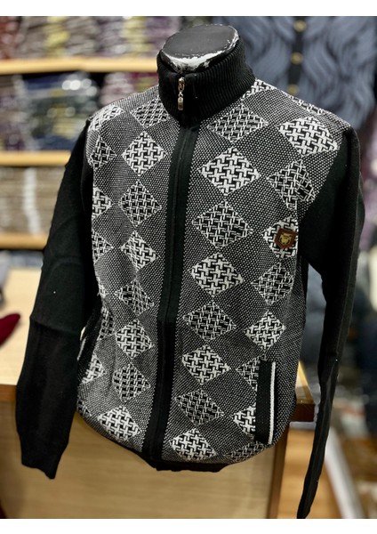 Erkek Triko Fermuarlı Cepli Desenli Hırka