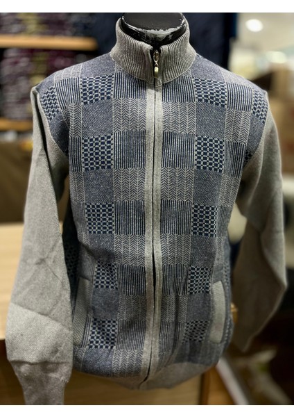 Erkek Triko Fermuarlı Cepli Desenli Hırka