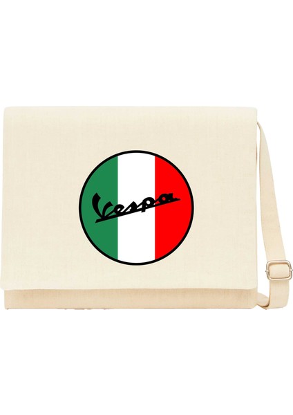 Vespa Logo Krem Kanvas Postacı Çantası