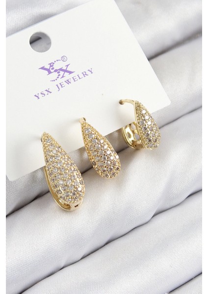 Bfs Pirinç Zirkon Taşlı 3'lü Damla Model Gold Renk Kadın Küpe