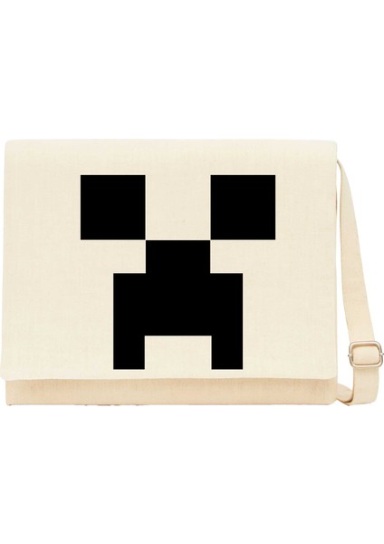 Mine-Craft Creeper Face Krem Kanvas Postacı Çantası