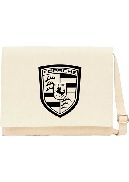 Porshe Logo Black Krem Kanvas Postacı Çantası