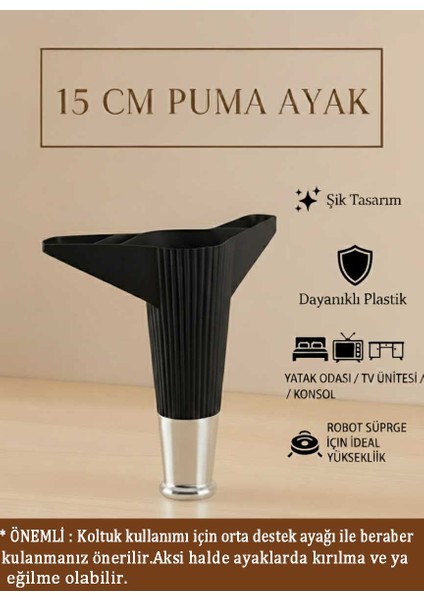 Puma 15 cm Siyah-Krom Mobilya Kanepe Tv Ünitesi Konsol Dolap Komedin Ayağı
