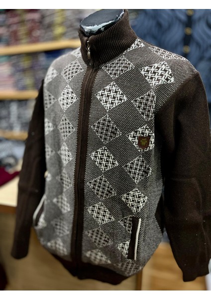 Erkek Triko Fermuarlı Cepli Desenli Hırka