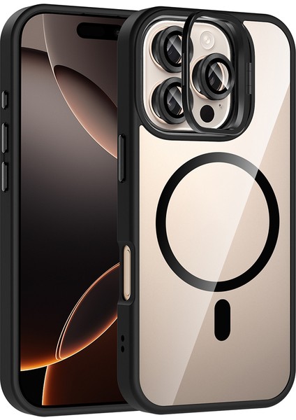 iPhone 16 Pro Max Kılıf Standlı ve Kamera Lens Hediyeli M-Safe Şarj Özellikli Tcmk Etro Kapak - Siya