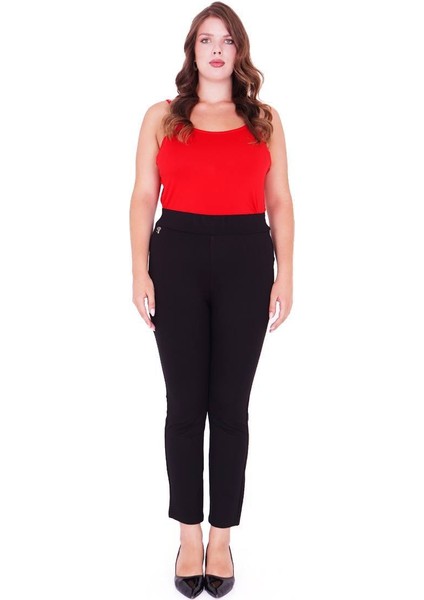 Ekstra Battal Beli Lastikli Yüksek Bel Toparlayıcı Detaylı Boru Paça Likralı Büyük Beden Kadın Pantolon