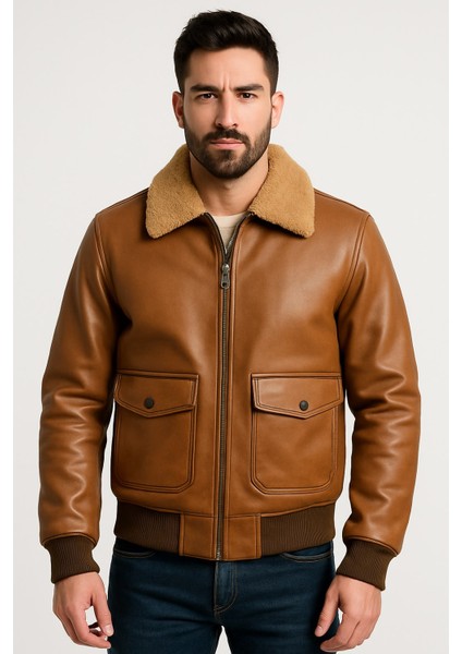 Hakiki Kuzu Derisi Yakası Kürklü Pilot Erkek Derimont