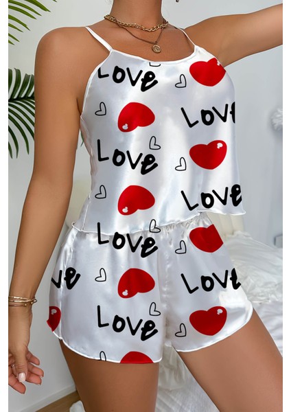 Love Desenli Beyaz Saten Şortlu Gecelik Takım - Beyaz - Xl