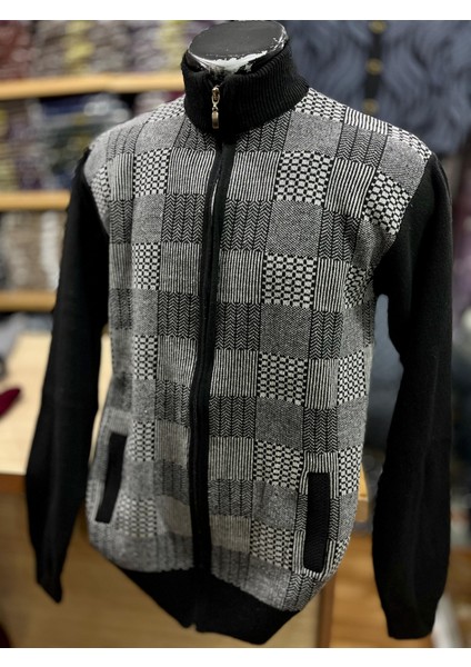 Erkek Triko Fermuarlı Cepli Desenli Hırka