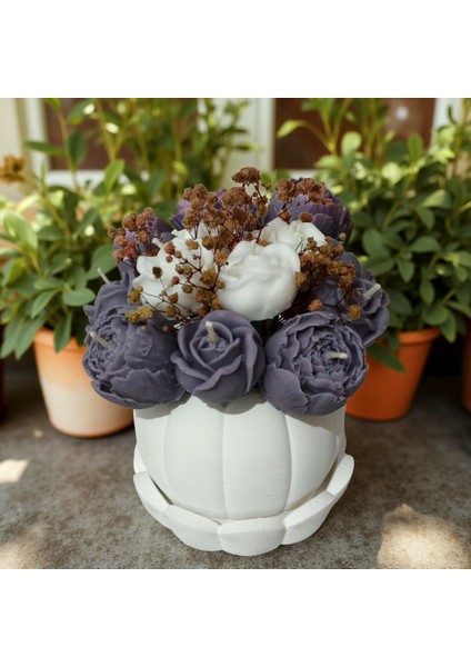 Mor Çiçekli Balkabağı Vazo Mum – El Yapımı Kokulu Soya Wax Çiçek Mum Seti