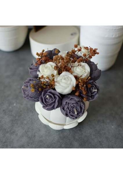 Mor Çiçekli Balkabağı Vazo Mum – El Yapımı Kokulu Soya Wax Çiçek Mum Seti fiyatları