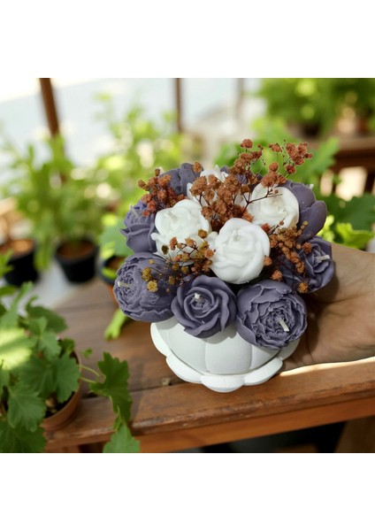 Mor Çiçekli Balkabağı Vazo Mum – El Yapımı Kokulu Soya Wax Çiçek Mum Seti modelleri