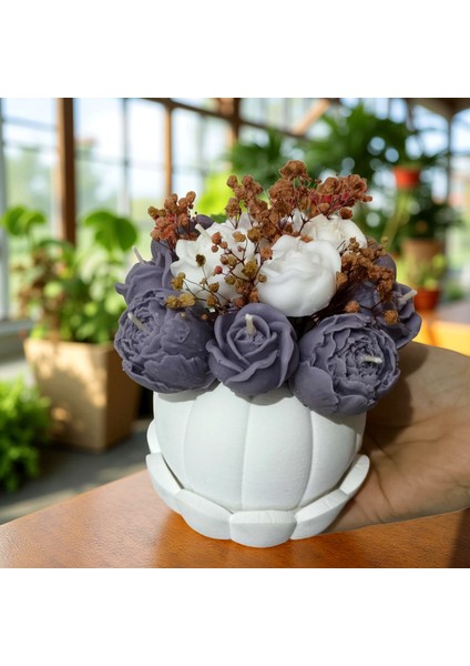 Mor Çiçekli Balkabağı Vazo Mum – El Yapımı Kokulu Soya Wax Çiçek Mum Seti fırsatları