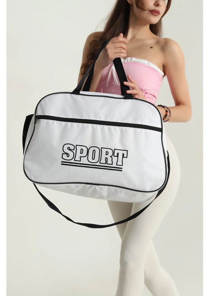 Beyaz Yazı Detaylı Fermuarlı Kadın El ve Omuz Valiz Çantası