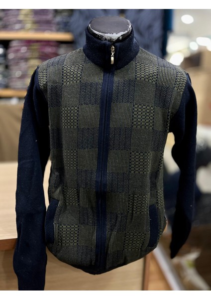 Erkek Triko Fermuarlı Cepli Desenli Hırka