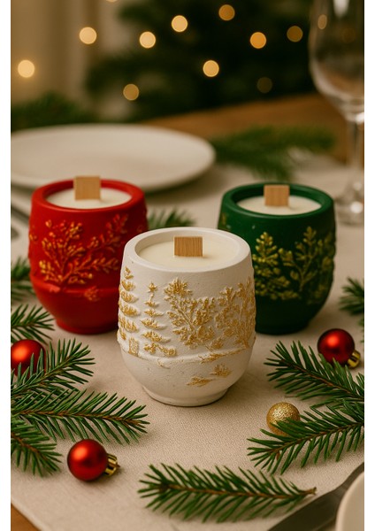 3’lü Yılbaşı Mumluk Seti – Yasemin Esanslı Soya Wax – El Boyaması Döküm Seramik Tozu