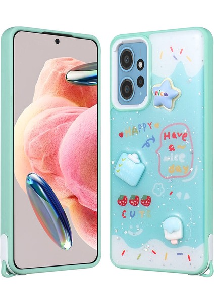Xiaomi Redmi Note 12 4g Kılıf Parlayan Sıvılı Simli Kabartma Figürlü Tcmk Cevze Kapak-Yeşil