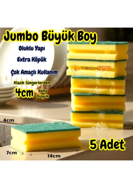 Jumbo Büyük Boy Vip Kaliteli 14 x 7 cm Oluklu Bulaşık Süngeri 5 Adet