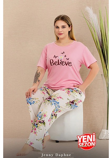 Lady Büyük Beden Çiçekli Pijama Kısa Kollu Pijama Takımı