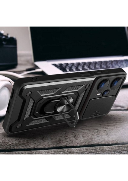 Xiaomi Poco F5 Kılıf Magnetik Standlı Kamera Korumalı Tcmk Sürgülü Vega Kapak-Siyah indirimleri
