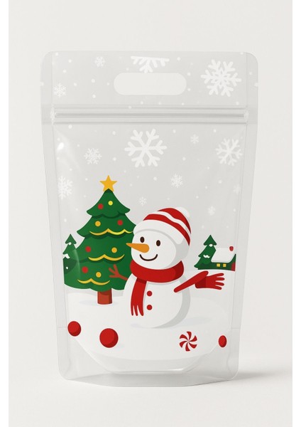 10 Adet Dik Duran El Geçmeli Kilitli Kurabiye Poşeti Kardan Adam Desenli Doypack Hediye Poşeti