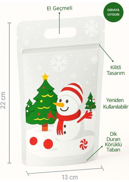10 Adet Dik Duran El Geçmeli Kilitli Kurabiye Poşeti Kardan Adam Desenli Doypack Hediye Poşeti fırsatları