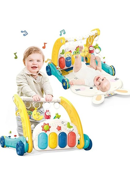 Piyanolu 2 In 1 Bebek Yürüteci ve Tavşan Desenli Oyun Halısı Sesli Işıklı 88 cm