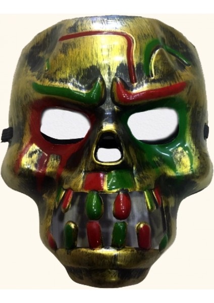 - Kırmızı Kanlı Dişli Dracula Kafatası Maskesi Altın Renk