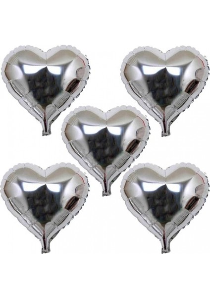 - Kalp Şeklinde Folyo Balon 5 Adet 45 cm Gümüş Renk